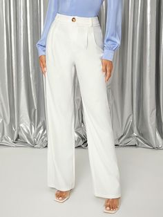 White Elegant Collar  Polyester Plain Wide Leg Embellished Non-Stretch Spring/Summer/Fall Women Bottoms White Wide Leg Jeans Outfit, White Wide Leg Jeans, Indian Dress Up, White Wide Leg Trousers, Formal Pant, Wide Leg Jeans Outfit, Drape Pants, Elegant Pant, Women Bottoms