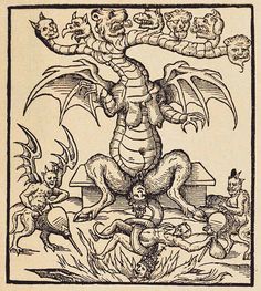 an old drawing of a dragon surrounded by cats and other animals, with the caption's name written below it