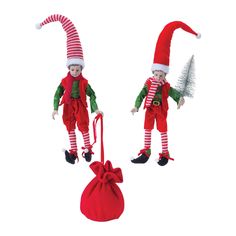 two christmas elfs hanging from the ceiling