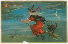 an old fashioned halloween postcard with a witch flying through the air on a broom