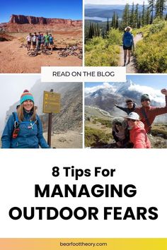 people hiking in the mountains with text reading 8 tips for managing outdoor fears,