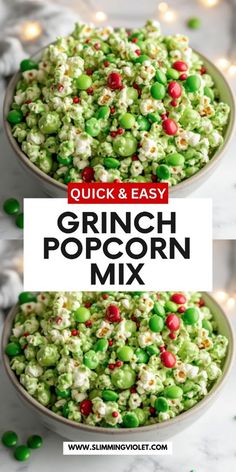 two bowls filled with green and red popcorn next to each other on top of a white table