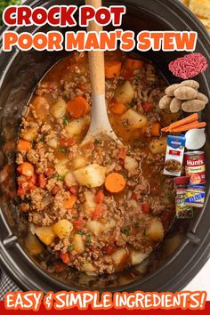 a slow cooker filled with meat and vegetables next to some seasonings on the side