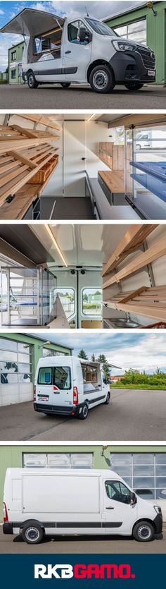 four different views of a white van with wood panels in the back and side doors