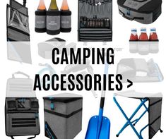 the words camping accessories are overlaid with images of various items