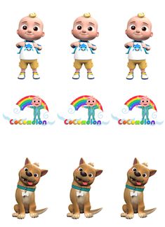 the animation character is wearing different outfits and poses for each child's face, head, and body