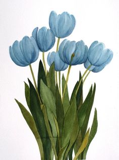 a painting of blue flowers in a vase on a white background with watercolors