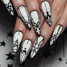 24 Pcs Gothic Fake Nails Almond Long Press On Nails White Glossy Reusable False Nail Jelly Tabs Cuticle Butter, Ongles Goth, Medium Stiletto, Manicure Diy, Black Liner, Metallic Nails