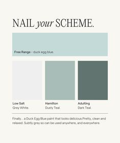 the color scheme for nail your scheme, including gray and blue tones with white lettering