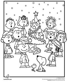 peanuts around the christmas tree coloring page for kids to print out and color with their favorite characters