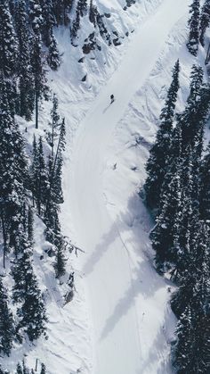 an aerial view of a snow covered ski slope with trees in the foreground and people skiing down it