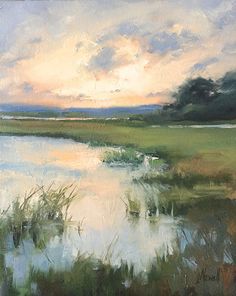 an oil painting of grass and water at sunset