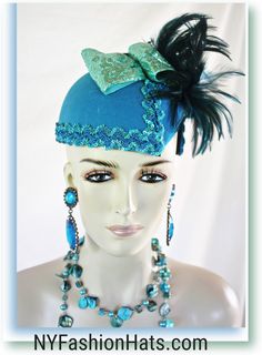 Haute Couture Statement Turquoise Blue Green Winter Cocktail Hat Wedding Fascinator For Women, Sequin Feather Designer Headpiece Bridal Mother Of The Bride Hats, Winter Cocktail, Flapper Art, 1920's Flapper, Deep Turquoise, Hat Wedding, Headpiece Bridal, High Fashion Women, King David