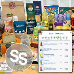 an assortment of food items displayed on a table with the sss logo in front of it