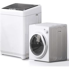 a washing machine and dryer sitting next to each other on a white surface,