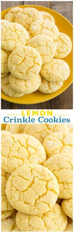 lemon crinkle cookies on a yellow plate with the words lemon crinkle cookies