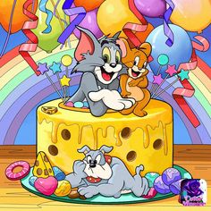 a cartoon cat and mouse on top of a birthday cake with balloons in the background