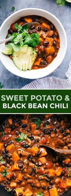 sweet potato and black bean chili in a white bowl