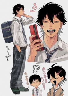 an anime character is holding a cell phone