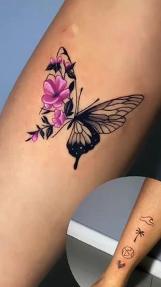 a woman's leg with a butterfly and flower tattoo on the side of her leg