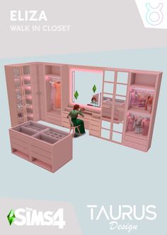 an animated image of a woman sitting in a pink closet with clothes on the shelves