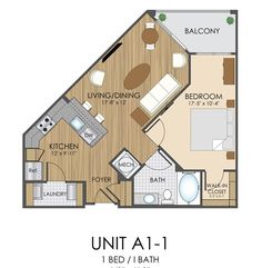 an apartment floor plan with one bedroom and two bathrooms