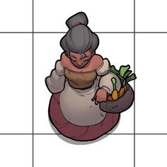 an animated character holding a potted plant on top of a tiled floor with squares in the background