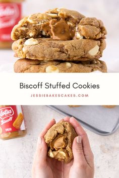 a person holding a cookie with peanut butter on top and the words biscoff stuffed cookies above it