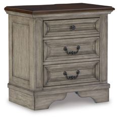 an antique style nightstand with two drawers and one drawer on the bottom, in grey wood