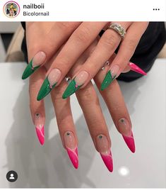 Green & Pink 💚💕💚💗💚💓 Nails Growth, Beach Nail Art Designs, Beach Nails Art, Cute Almond Nails, Pink Stiletto Nails, 2023 Beach, Beach Nail Art, Emerald Nails, Green Acrylic Nails