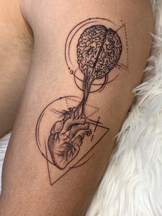 a person with a tattoo on their leg that has a heart and a tree in it