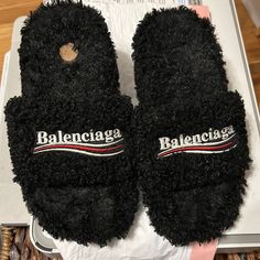 Balenciaga Black Fur Short Heel Balenciaga Slides, Balenciaga Sandals, Fuzzy Slides, Balenciaga Style, Fur Heels, Black Balenciaga, Mens Slides, Balenciaga Black, Wool Slippers