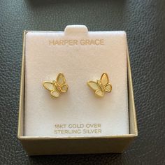 Butterflies 18kt Gold Over Sterling Sikver Stud Earring By Harper Grace. New With Box And Dust Cloth. Gold Earrings With Butterfly Charm For Anniversary, White Jewelry With Hallmark, White Butterfly Charm Jewelry For Anniversary, Gold Earrings With Butterfly Charm For Formal Events, White Butterfly Charm Earrings As Gift, 14k Gold Butterfly Earrings For Anniversary, Gold Plated Butterfly Earrings As Gift, Gold Earrings With Butterfly Charm For Formal Occasion, White Dainty Butterfly Earrings