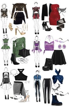 several different types of clothes and shoes are shown in this image, including high heels