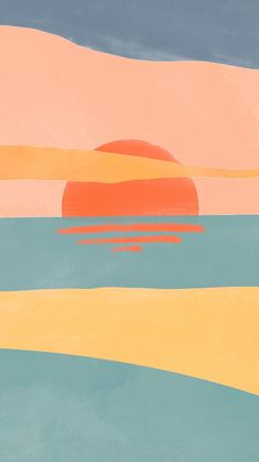 the sun is setting over an ocean with blue, orange and yellow watercolors