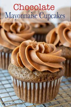 chocolate mayonnaise cupcakes on a cooling rack with the title overlay