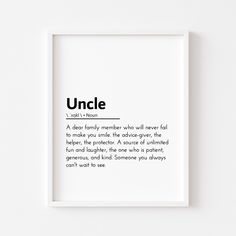 a white framed poster with the words uncle in black on it's left side