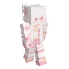 a white and pink pixellated character standing in front of a white background with no head