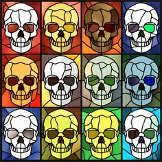 a stained glass window with many different colored skulls