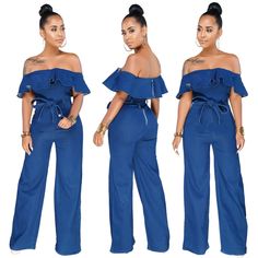 Denim Jean Jumpsuit Romper Off Shoulder.Stretchy Fabric, Wide Leg. Loop Holes For A Belt. Fabric 85% Cotton 15% Polyester **A Belt Do Not Come With This Item** Bust 34.6" Inseam 31" Waist 28.3" Hip 37.8" Length 52 High Rise Blue Jumpsuits And Rompers For Summer, Chic Blue Denim Overall Jumpsuit, Chic High-waist Denim Blue Overalls, Chic High-waist Denim Jumpsuits And Rompers, Trendy Blue Wide Leg Jumpsuits And Rompers, Trendy Blue Wide-leg Jumpsuits And Rompers, Chic Denim High Waist Jumpsuits And Rompers, Chic Blue Wide Leg Overalls, Chic Denim Blue Wide Leg Jumpsuits And Rompers