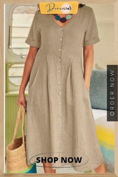 Casual Solid Buckle V Neck Straight Dresses Linen Dress Summer, Sundress Casual, Shirt Dress Summer, Cotton Linen Dresses, V Neck Midi Dress, Straight Dress, Diy Blouse, Blouse Diy, Dresses By Length