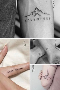 four different pictures with tattoos on their hands and feet, including one that says adventure