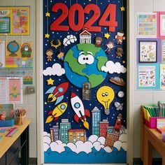 a classroom door decorated with cartoon characters and the number 2400 on it's side