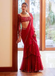 Sanya Gulati-Fuchsia Pre-Stitched Ruffle Saree Set-INDIASPOPUP.COM Indian Outfits Lehenga, Fashionable Saree Blouse Designs, Ruffle Saree, Traditional Indian Dress, Indian Fashion Saree, Saree Designs Party Wear, Indian Dresses Traditional, Traditional Indian Outfits, Indian Bridal Outfits