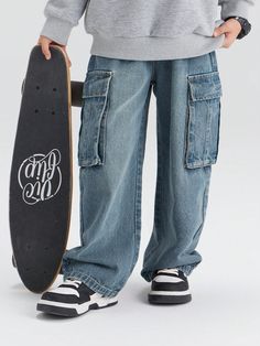 2-24Y Boys Cargo Jeans Autumn Casual Pants Children Long Trousers With Big Pockets Medium Wash    Denim Letter,Plain Straight Leg Non-Stretch  Young Boys Clothing, size features are:Bust: ,Length: ,Sleeve Length: Boy Sweatpants, Fall Jeans, Boys Denim, Jeans Cargo, Long Trousers, Denim Trends, Casual Athletic, Boy Clothes