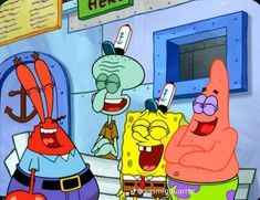 spongebob and friends in front of a restaurant