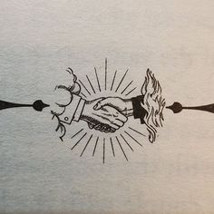 a drawing of two hands shaking each other with fire coming out of their fingers on top of them