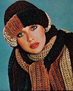 "PATTERN DETAILS: Crocheted hat and scarves set utilizes 4 colors of your choosing. Hat uses all 4 colors. Skinny scarves are each worked in a different shade and worn individually or all together as shown. Directions are given for hat to fit all sizes. Each scarf measures approximately 4\" X 72\", plus fringe. Materials: Tahki Irish Donegal Tweed Knitting Worsted (or equivalent tweedy knitting worsted weight yarn, 2 oz skns): For Hat: 3 skns color (A), 1 skn each of colors (B), (C) and (D). For Vintage Crochet Hat, Yarn Weight Chart, Crochet Headwear, Crochet Dog Sweater, Crocheted Hat, Vintage Crochet Pattern, Crochet Vintage, Hat And Scarf Sets, Vintage Knitting Patterns