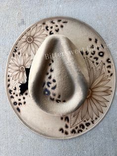 Beige Floral Leopard Burned Hat Suede Hat Flst Top Cowboy Hat Ladies Western Hat Wedding Hat Wide Brim Fedora Hippie Rancher Hat - Etsy Brim Hat Designs, Decorated Felt Cowboy Hats, Braids With Cowboy Hat, Summer Brimmed Felt Hat For Western-themed Events, Western Style Felt Hat For Ranch In Spring, Western Felt Hat For Spring Ranch, Country Style Summer Felt Hat For Rodeo, Fitted Western Felt Hat For Spring, Western Style Felt Hat For Spring