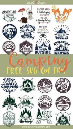 camping badges and stickers with the words camping free svo cut files on them